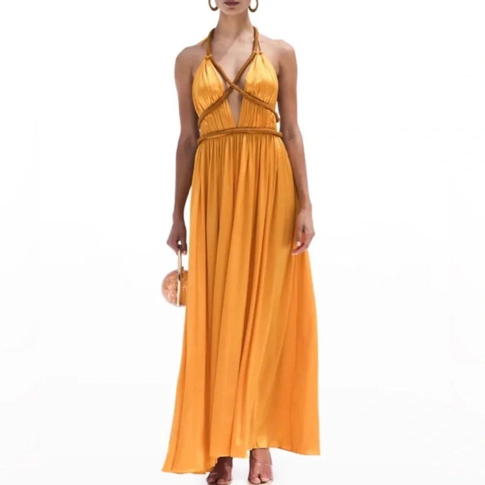 NWT Cult Gaia Salee Strappy Hand Beaded Silk Gown Marigold Size 4 - Picture 2 of 15